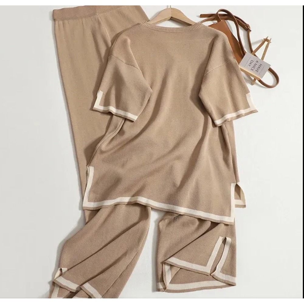 Fashion Clothing 2-Piece Knit Set M Tan Cream Trim Long Sleeve Wide Leg Comfy